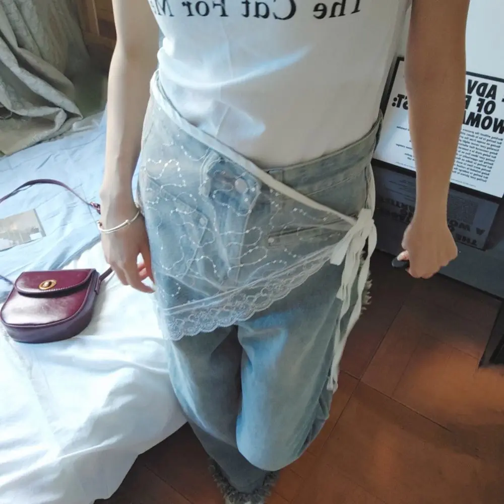 الحلو الكورية نمط الدانتيل تنورة صغيرة الشاش مثلث الترتر نصف تنورة Cummerbund فستان رقيق حزام الجينز الصيف