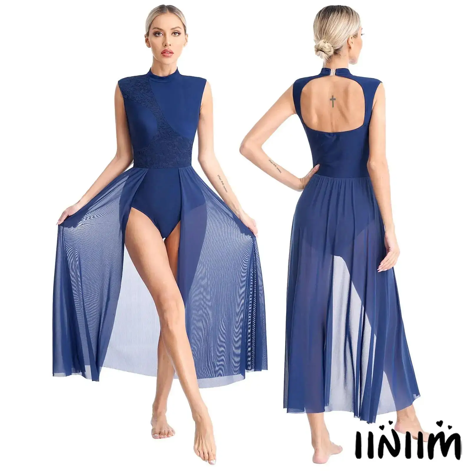 

Womens Sleeveless Lyrical Dance Dress Mock Neck Floral Lace Patchwork Open Back Leotard Dresses Stage Dance Competition Costume