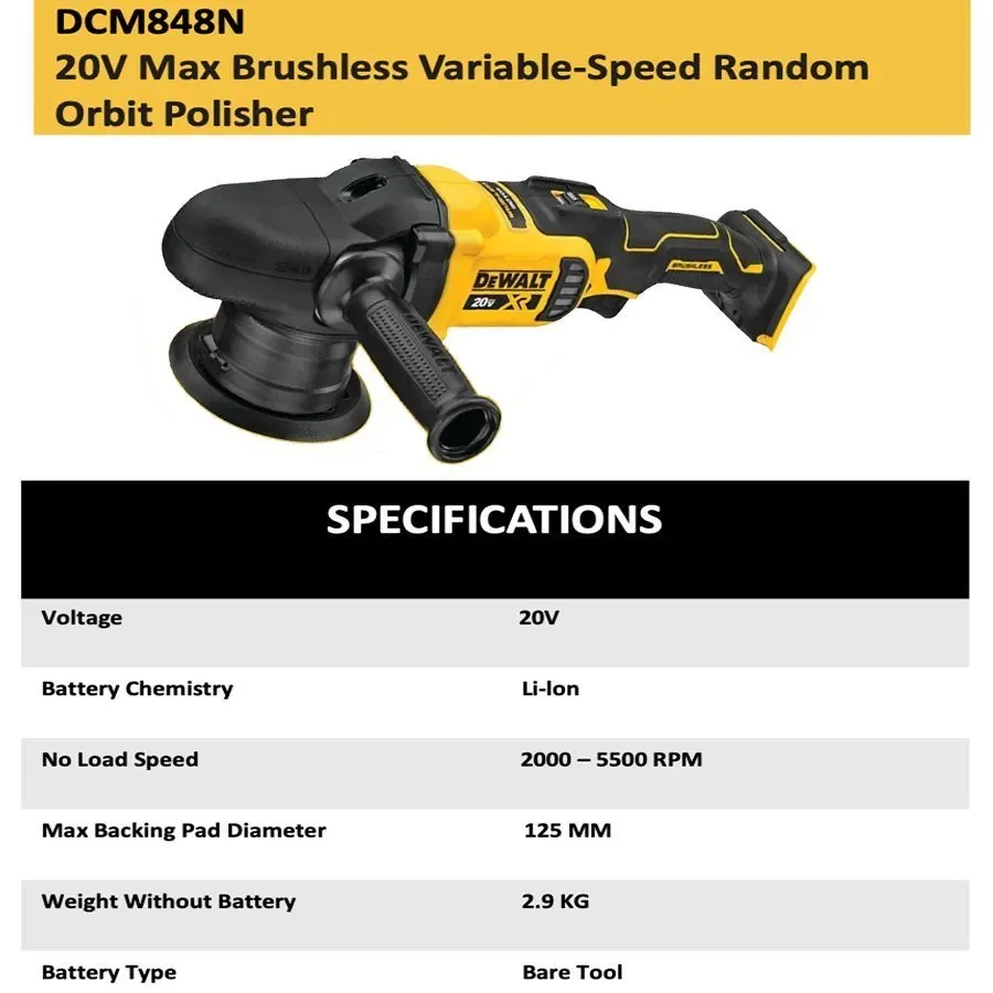 أداة تلميع لاسلكية بدون فرشاة من DEWALT DCM848N أداة عارية 20 فولت 125 مللي متر 5 بوصة ملمع مدار عشوائي متغير السرعة 5500 دورة في الدقيقة أداة طاقة ديوالت