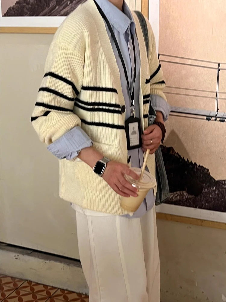 

Men's Casual Striped Open Cardigan Sweater Loose V-Ne Knitted Vintage Leisure Versatile Outerwear Autumn Faion Polyester ...