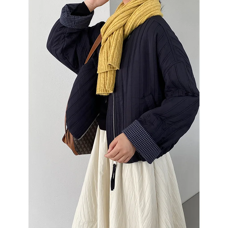 

19202 Легкая и тонкая хлопковая куртка, женская универсальная короткая повседневная куртка контрастного цвета, хлопковая куртка на осень и зиму