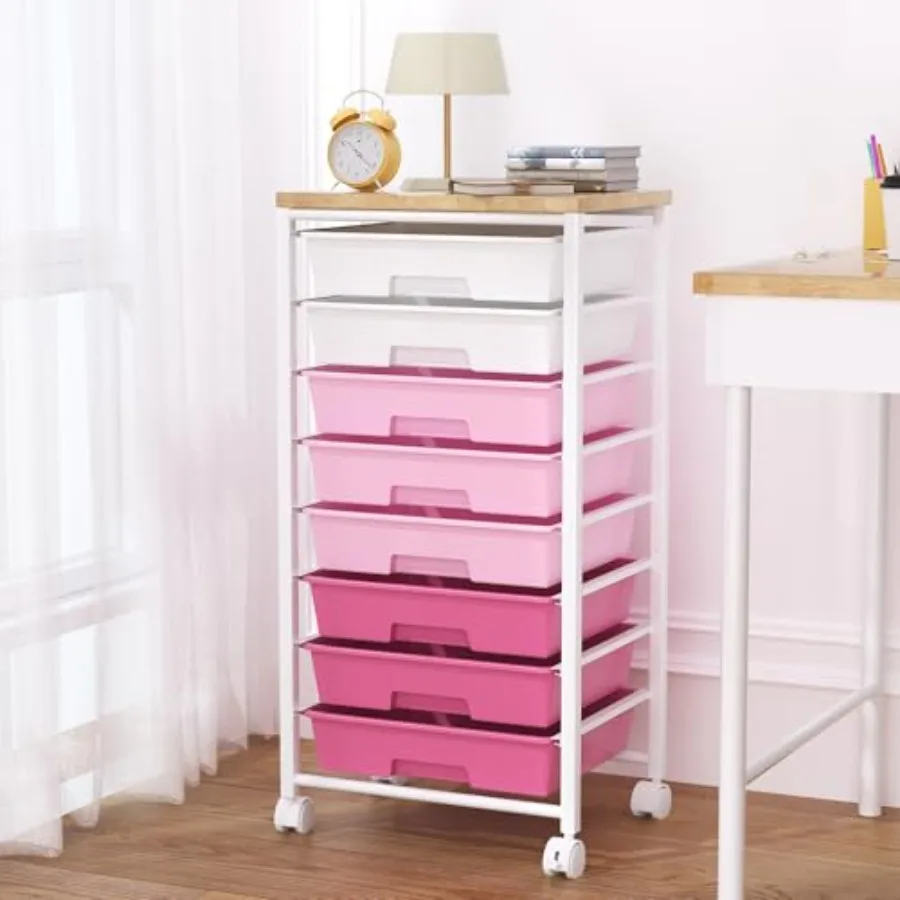 

Rolling Cart with 8 Drawers Storage Drawers Cart with Wooden Tabletop and Lockable Wheels Craft Storage for Living Room Office