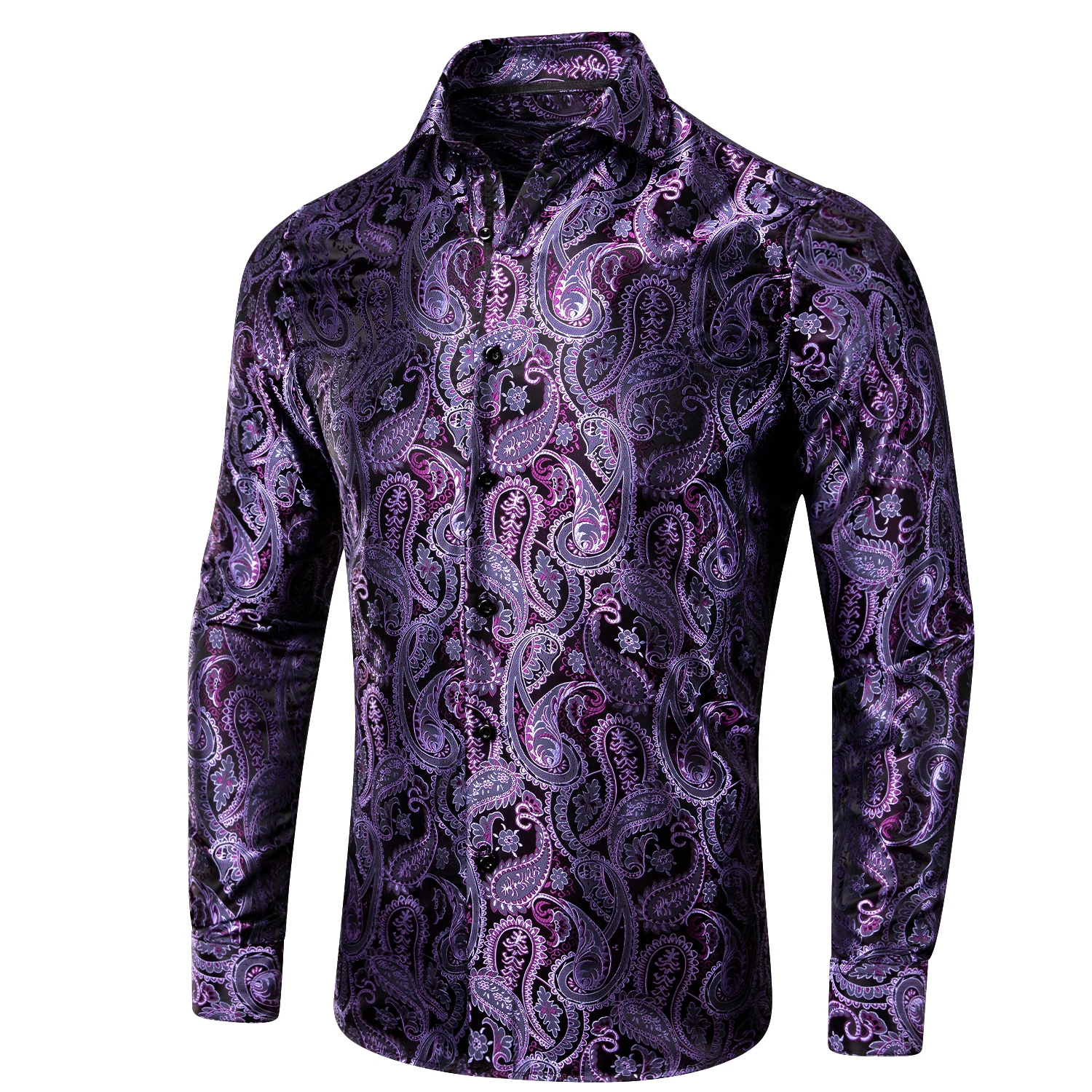 Dark Purple Men Shirt Fashion Silk Long Sleeve Lapel Slim Fit Paisley Jacquard Male Shirt With Brooch Business Party Gift Hi-Tie