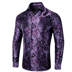 Hi-Tie Mens Shirts Jacquard Paisley Floral Long Sleeve Lapel Shirt Blouse Outerwear Wedding Office Breathable High Quality