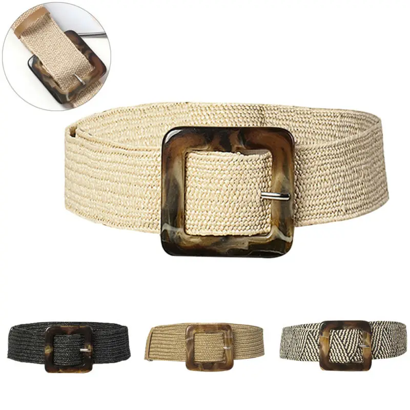 Women Belt Straw Casual Ultra Wide Belt Female Woven Vintage Carved Wood Buckle Elastic Belt Decoration Dress Shirt Waist Seal