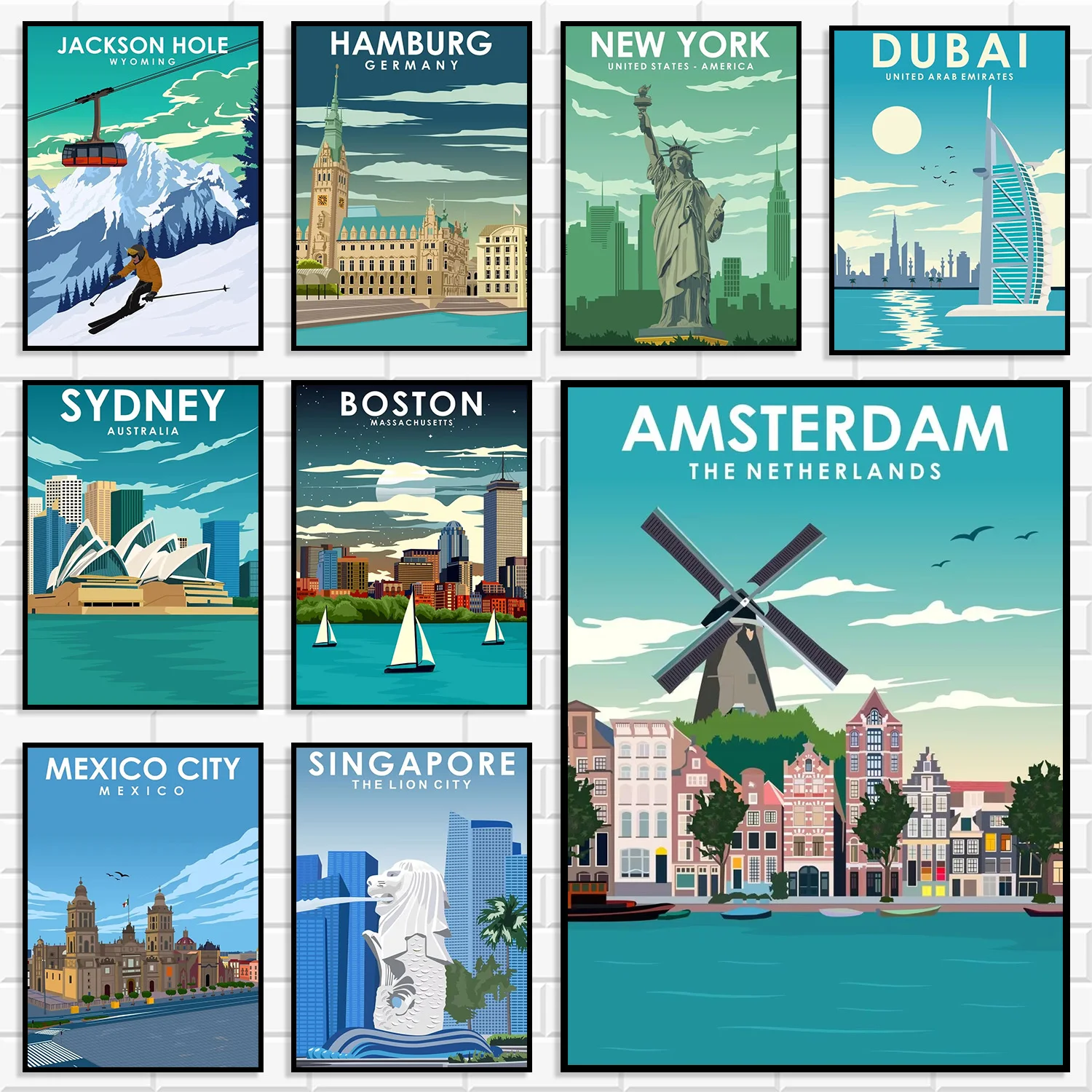 Global Famous City Landscape Canvas Art Poster Dubai New York Sydney Amsterdam Retro Travel Flat Illustration Nordic Home Decor