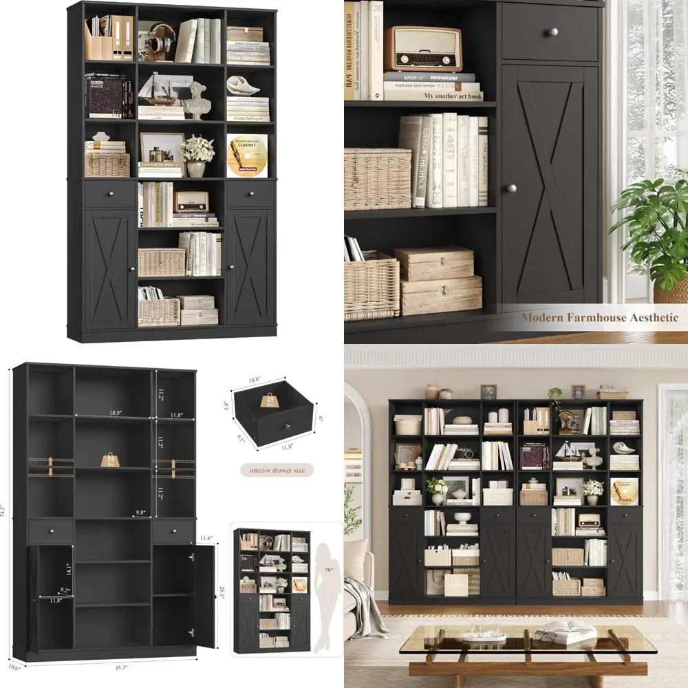 ชั้นวางหนังสือและตู้หนังสือทรงสูง HOSTACK 74, ตู้หนังสือกว้าง 45 พร้อมบานประตูและลิ้นชัก, ชั้นวางหนังสือทันสมัย 6 ชั้นพร้อมที่เก็บของ, ขนาดใหญ่