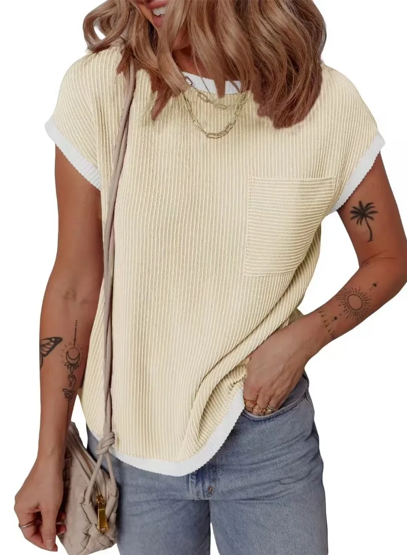 

2025 New Women's Short sleeved T-shirt Basic Ribbed Knitted T-shirt Spring/Summer Casual Outing Top