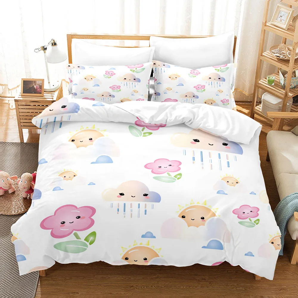 Kawaii Cute emoji cloud Three Piece Bedding Set Luxury Comforter Set with Queen King Size Including household goods Anime