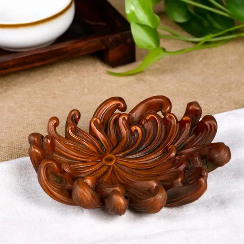8.5cm Hand Carved Boxwood Chrysanthemum Figurine Solid Wood Tea Coaster Incense Holder Desktop Decor Ornament Woodcraft