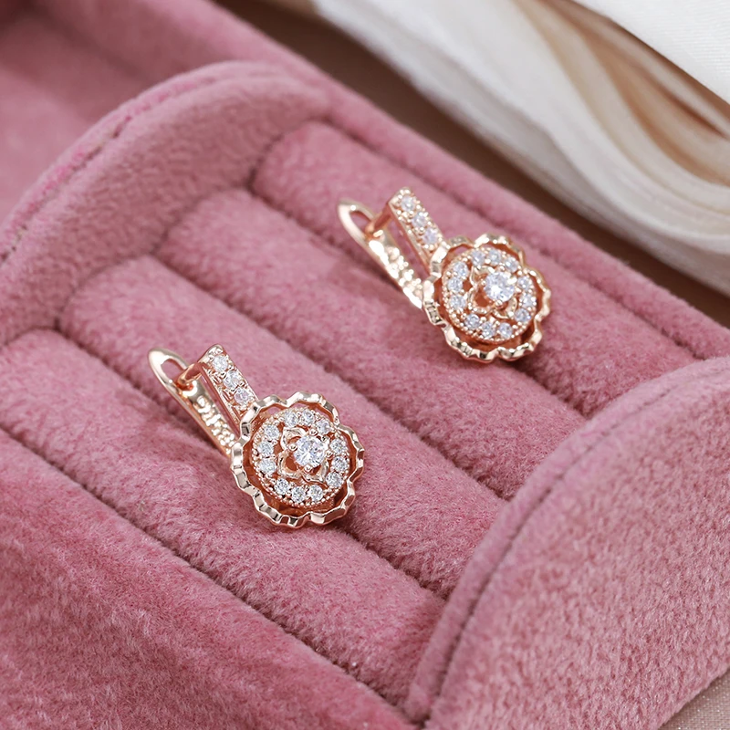 SYOUJYO Crystal Flower Dangle Earrings for Women Glossy 585 Gold Color Sparking Natural Zircon Easy Matching Fine Jewelry