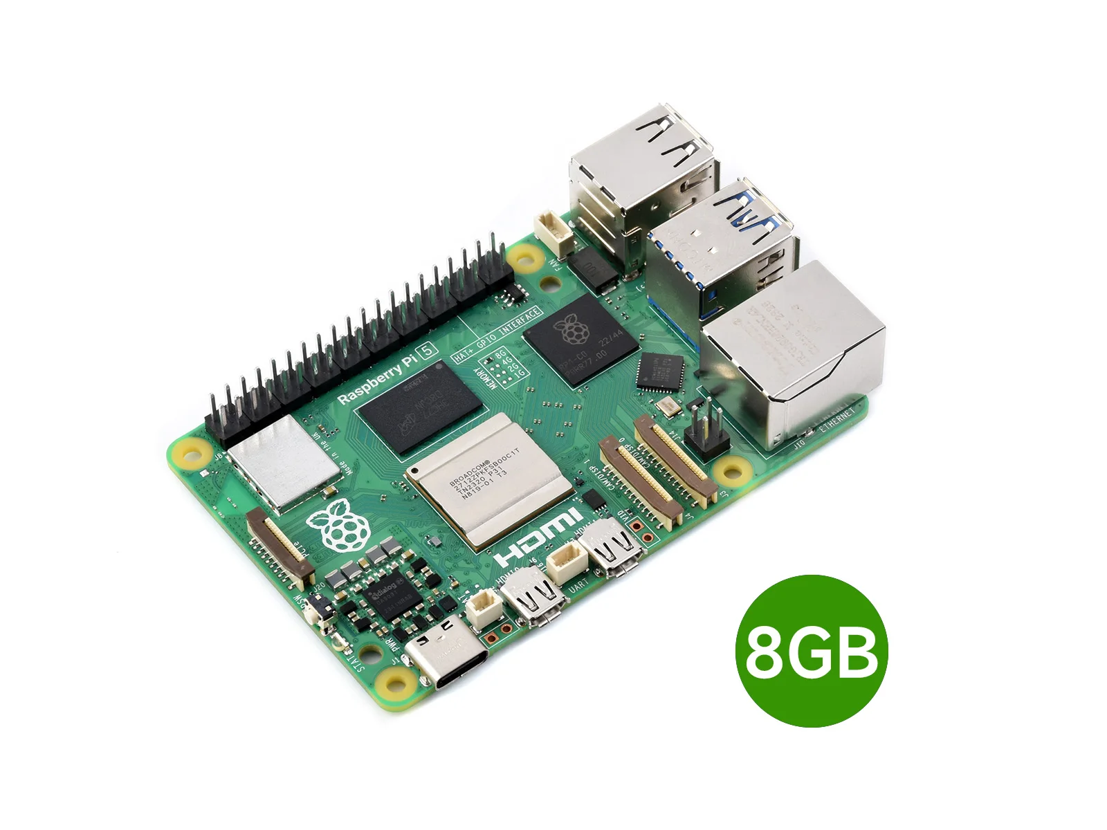 Raspberry Pi 5, Options for 2GB/4GB/8GB RAM, BCM2712 processor, 2.4GHz quad-core 64-bit Arm Cortex-A76 CPU, 40PIN GPIO Header