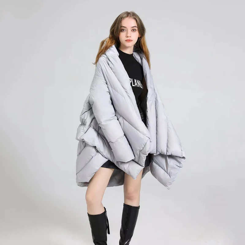 Nieuwe Winter Onregelmatige Sjaal Jas Witte Eend Down Jas Overjas Vrouwen Middellange Verdikte Losse Puffer Parka Met Capuchon