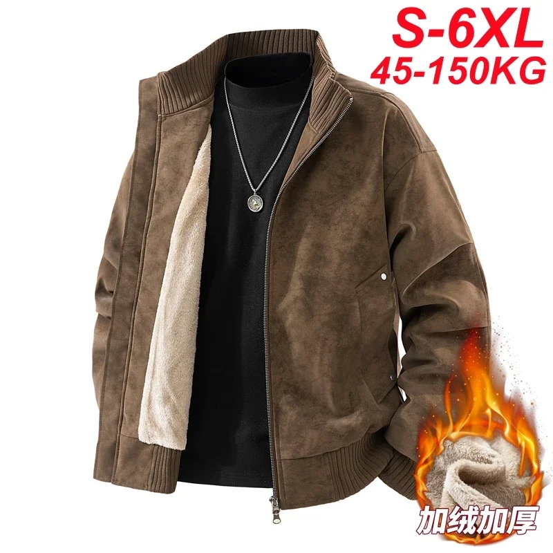 Chaqueta de ante para hombre, talla grande 5XL 6XL, 150 kg, gruesa, para moto, juvenil, con cuello alto, cortavientos, abrigada, de cuero sintético PU