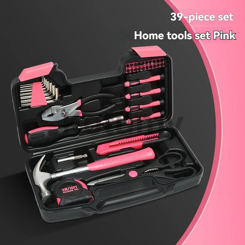 Pink 39-PieceHousehold Tool Set, Complete Hand Repair Hardware Kit With Storage Box For Home Use