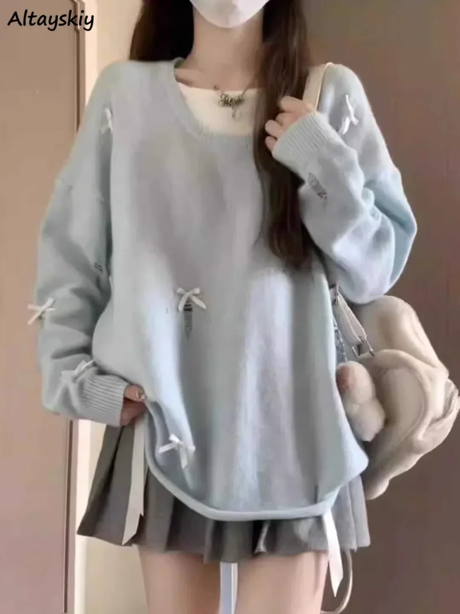 

Loose Casual Sweaters Women Bow Ripped O-neck Knitwear Vintage Tender Design Slouchy Autumn Sweet Girls Patchwork Fashion