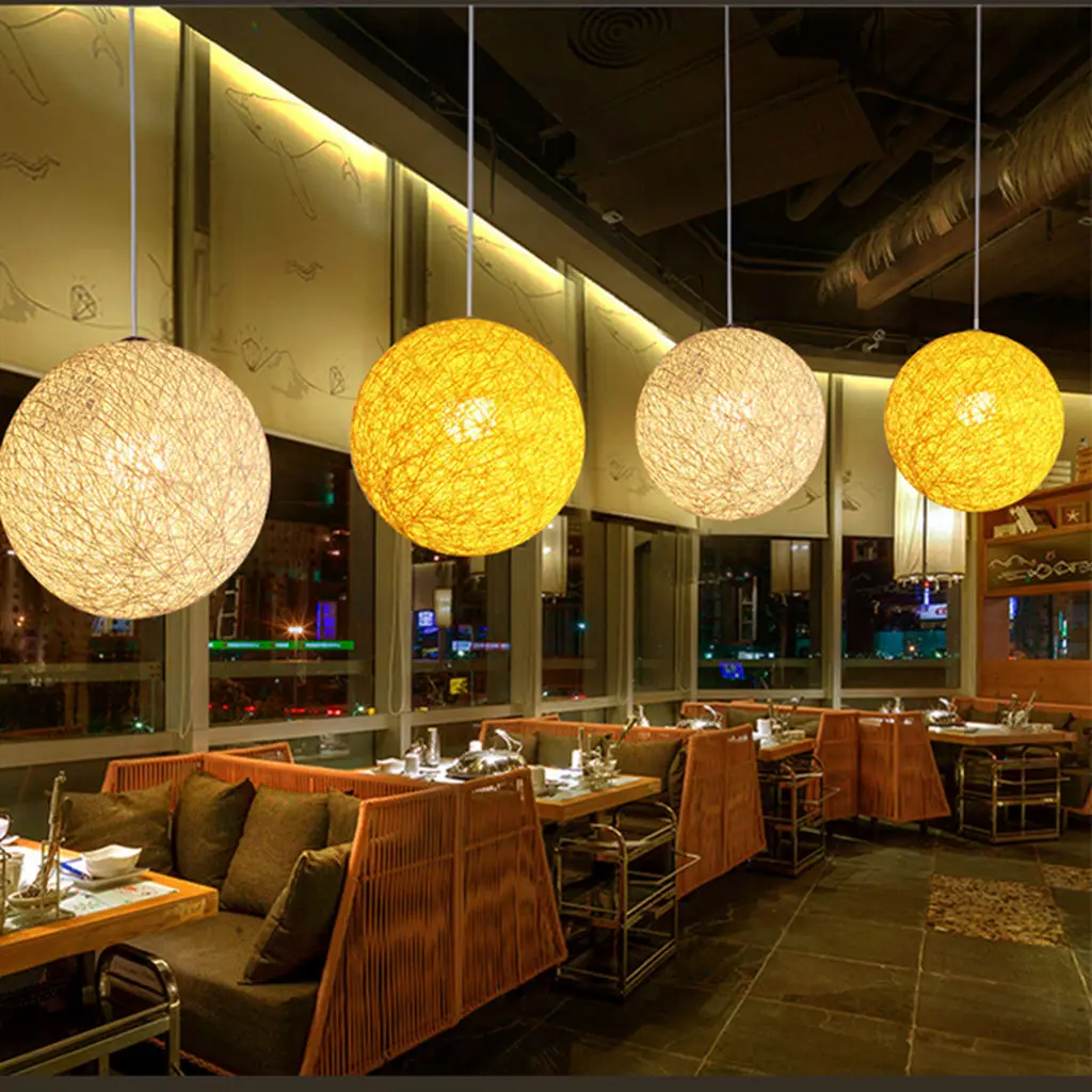 ABZV-Yellow Bamboo, Rattan And Jute Ball Chandelier Individual Creativity Spherical Rattan Nest Lampshade
