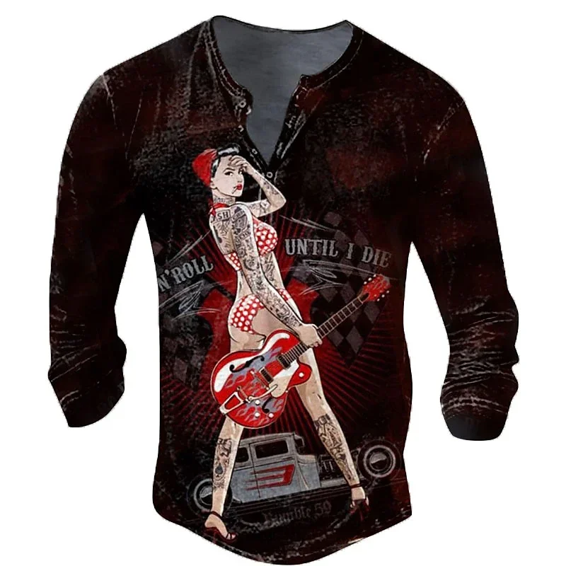 

Винтажная мужская футболка из искусственного хлопка, футболка с рисунком рок-музыки, футболки с длинными рукавами и 3d принтом, рубашка на пуговицах, мужская одежда большого размера