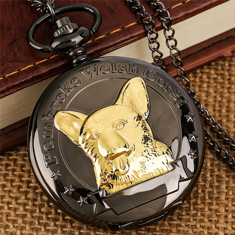 

Golden Engraved Pembroke Welsh Corgi Pet Dog Cover Unisex Quartz Analog Pocket Watch Sweater Pendant Chain Retro Timepiece Gift