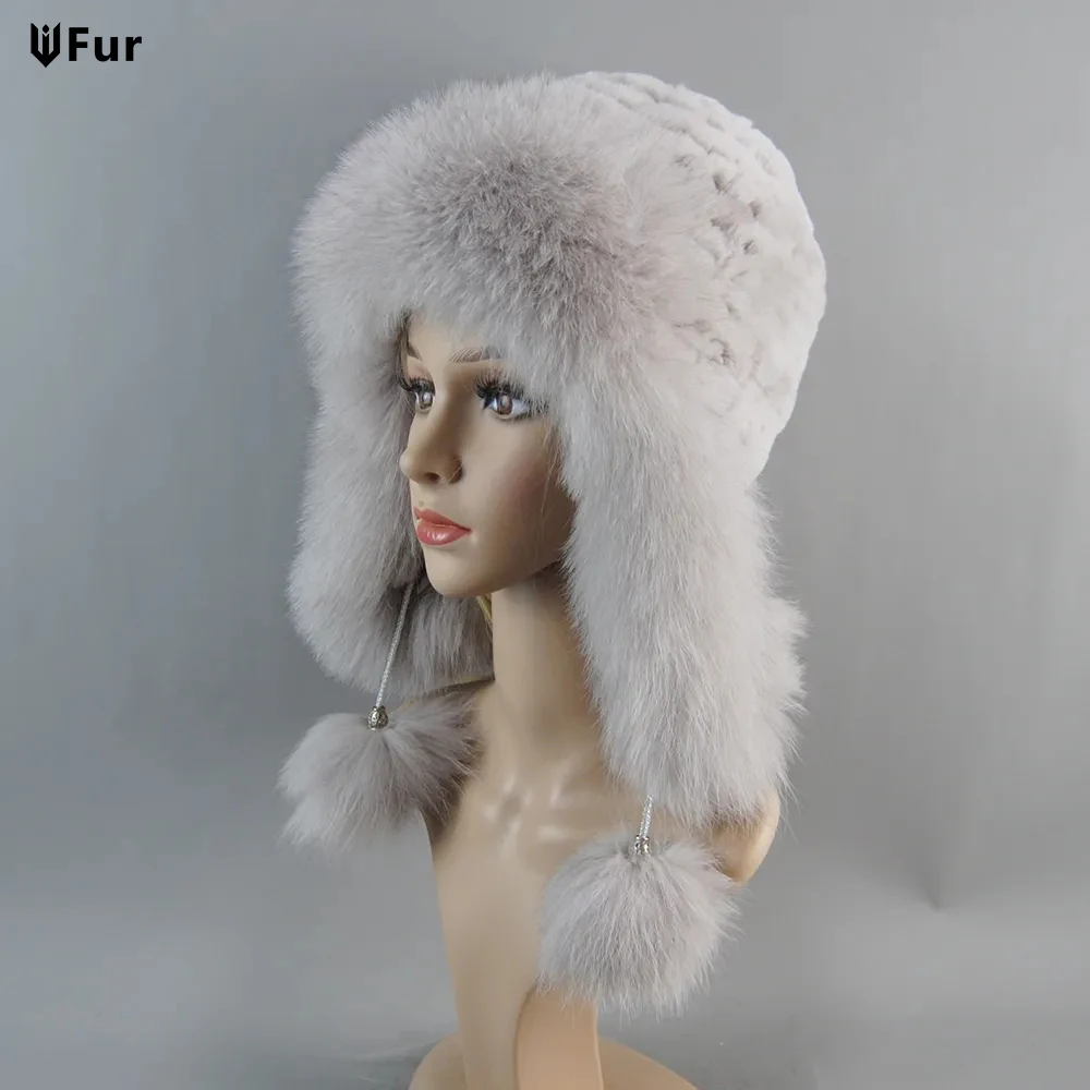 Winter Hats for Women Real Fox Fur Bomber Hat Elastic Knitted Luxury Lady Real Rex Rabbit Fur Beanie Hat With Ear Protectors