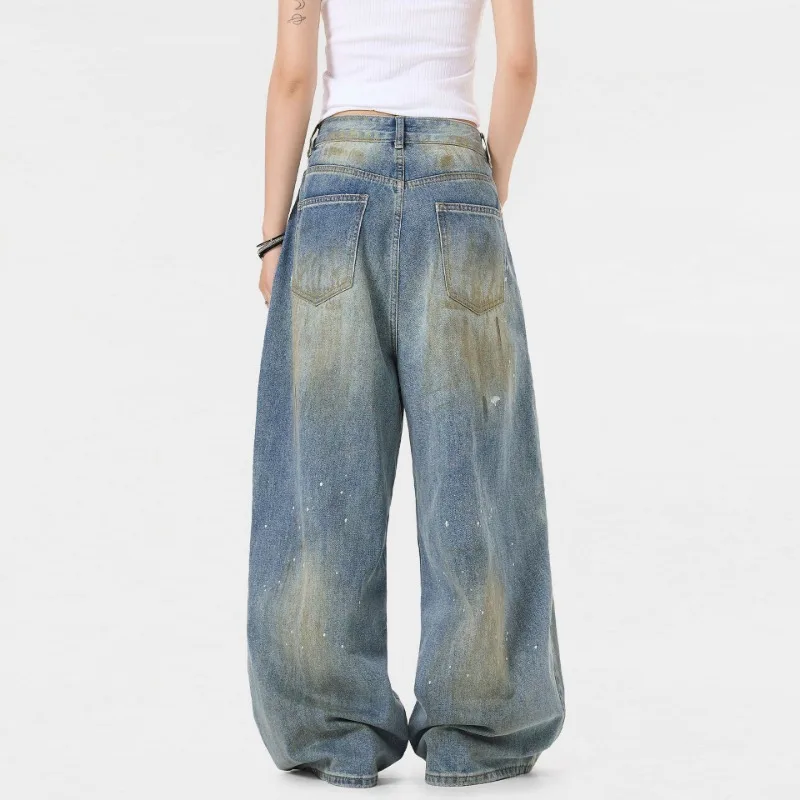 OR FL Women's American High Street Hole Wide Leg Jeans Trendy Brand Ink Splashing Aging Dirty Pants Mop the Floor Trousers Y2k