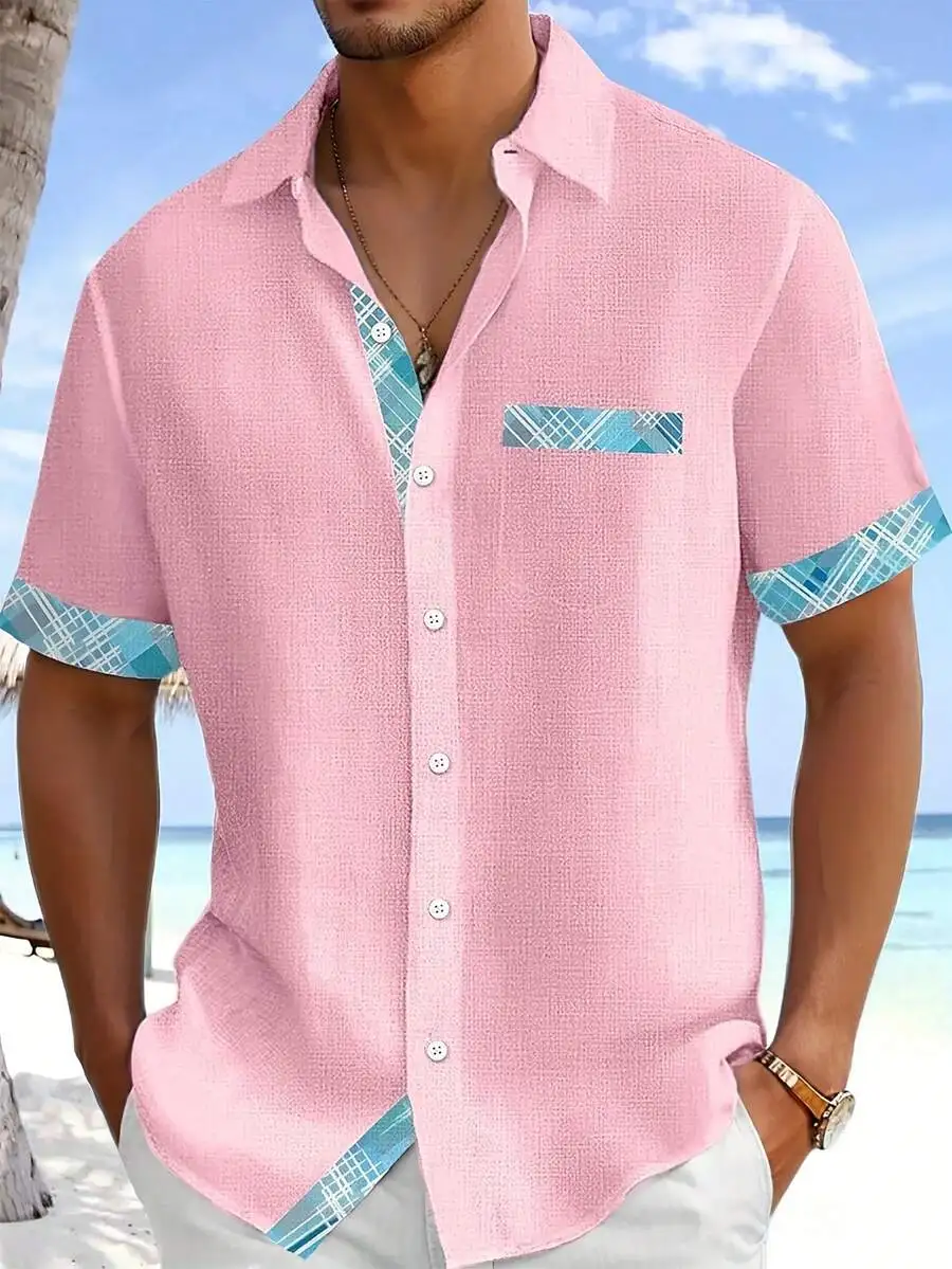 

Mens Pink Casual Hawaiian Shirt With Plaid Pocket And Cuff Short Sleeve Button Down
