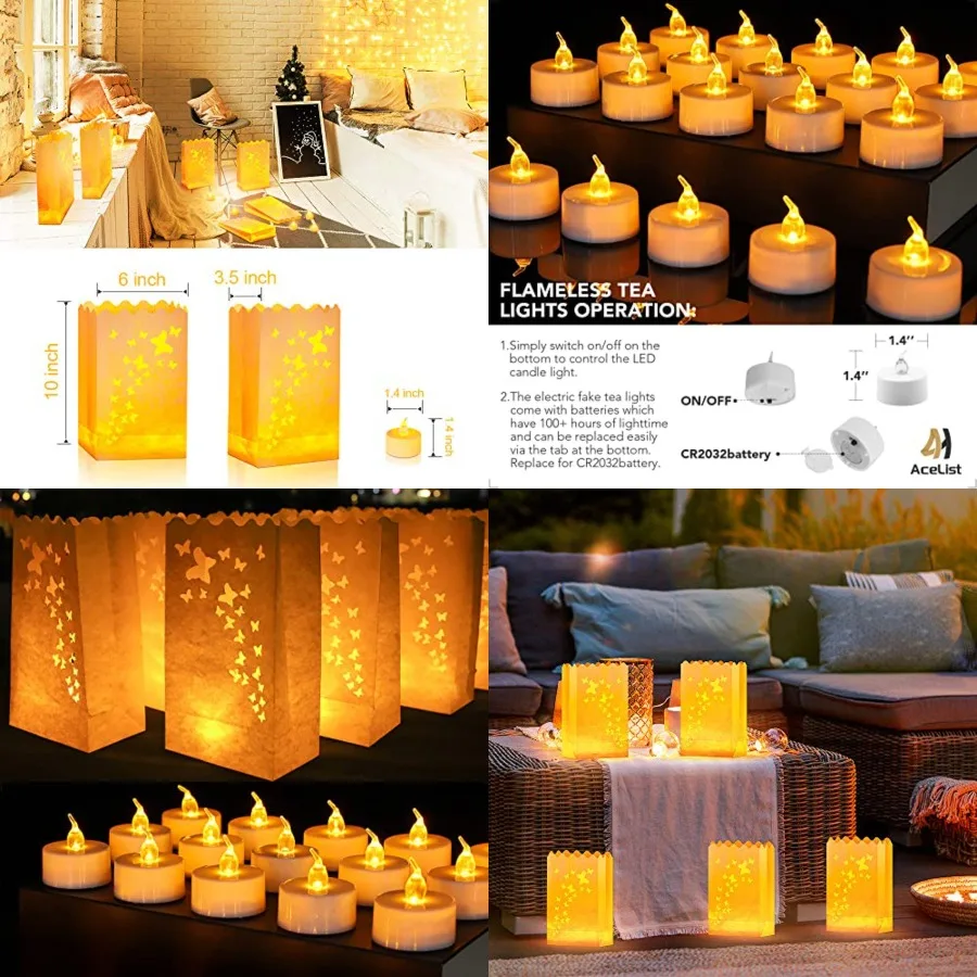 

50 PCS Butterfly Luminary Bags and 50 PCS Battery Tea Lights, White Luminary Bags with Flameless Candles, LED Lamp Holiday Gift