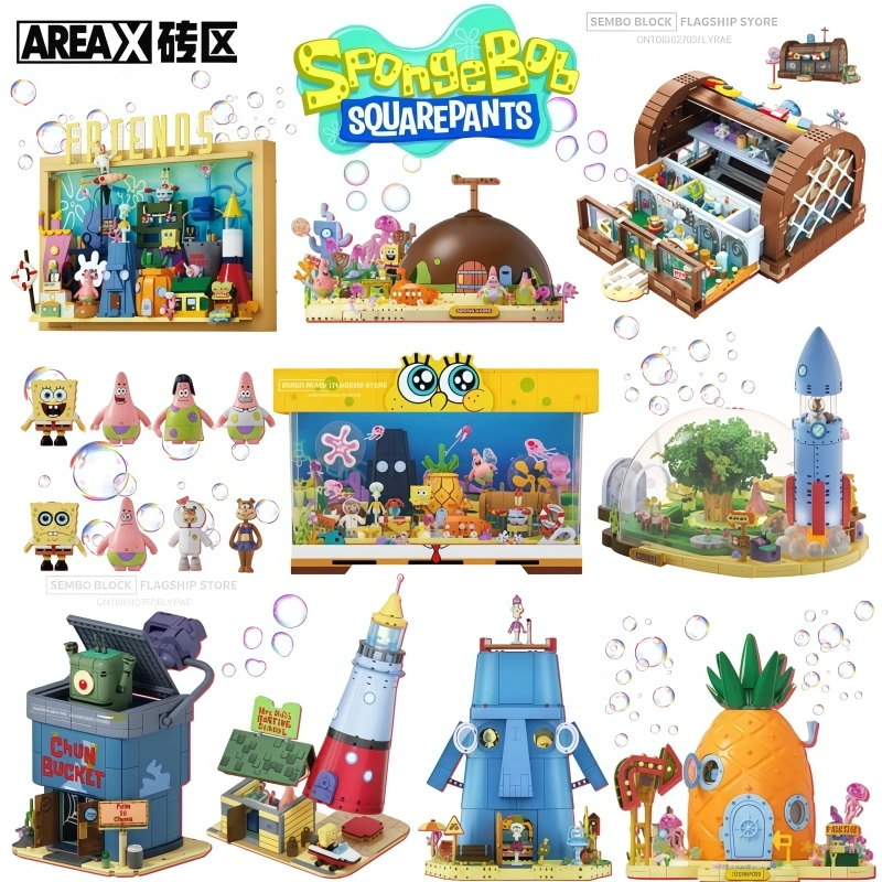 

SpongeBob SquarePants Series Anime Building Blocks Tentacles's Stone House Anime Krusty Krab Building Block Toy Model Gifts