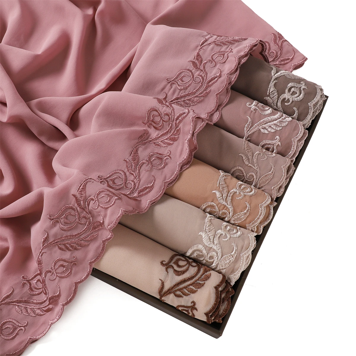 Écharpe Hijab en Mousseline de Soie Brodée Rose pour Femme, Châle Long de Qualité Supérieure, avec Bords en Dentelle Brodée