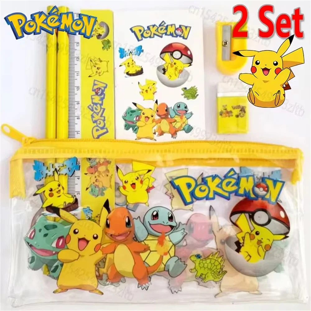 Pokemon Pikachu Student Stationery Set Anime Kawaii Pencil Case Pencil Ruler Eraser Zipper Storage Bag for Kids Birthday Gift