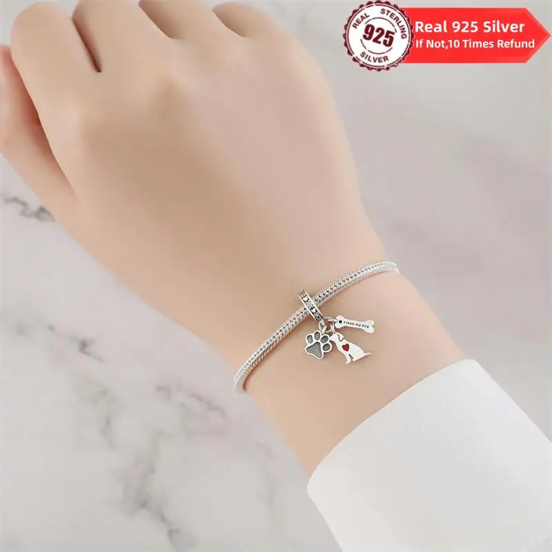 925 Sterling Silver Dog Charm Cat Heart Paw Print Bead Bulldog Pet Animal Pendant Zircon Fit Women Diy Bracelet Fine Jewelry