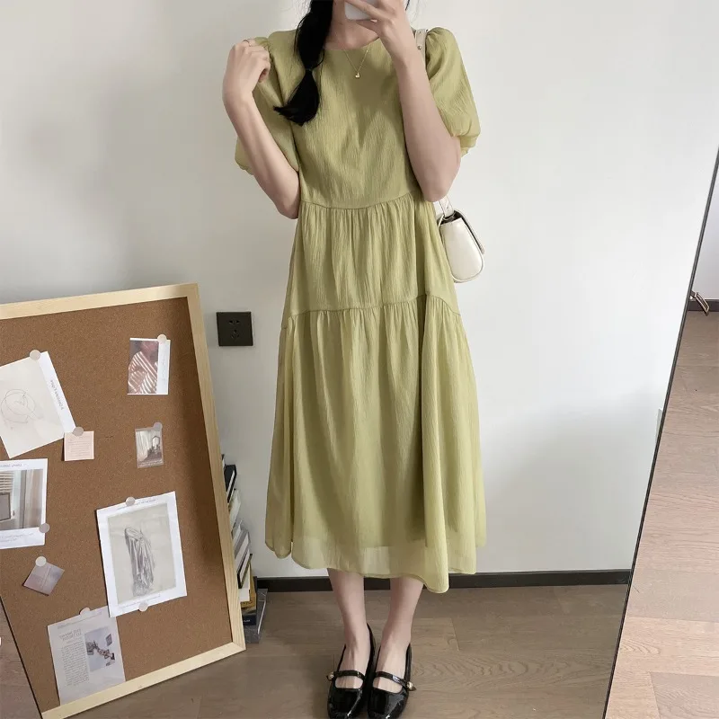 Korean Fashion Chiffon Maternity Dresses Summer Clothes for Pregnant Women Casual Solid Puff Sleeve Elegant Pregnancy Vestidos