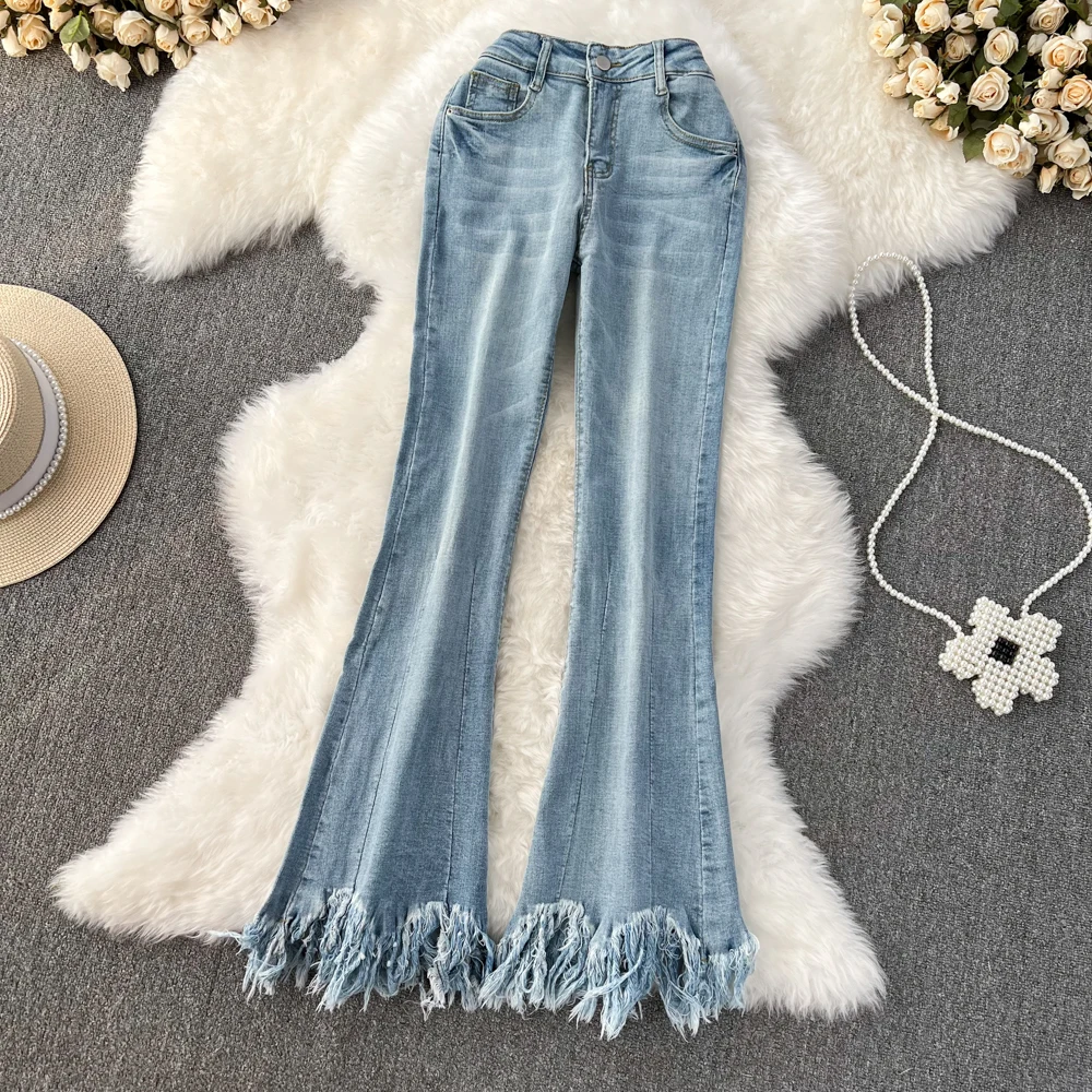 

Fashion Women Flared Jeans High Waist Tassels Raw Edge Denim Pants Spring Fall Casual Slim Blue Jean Trousers Female