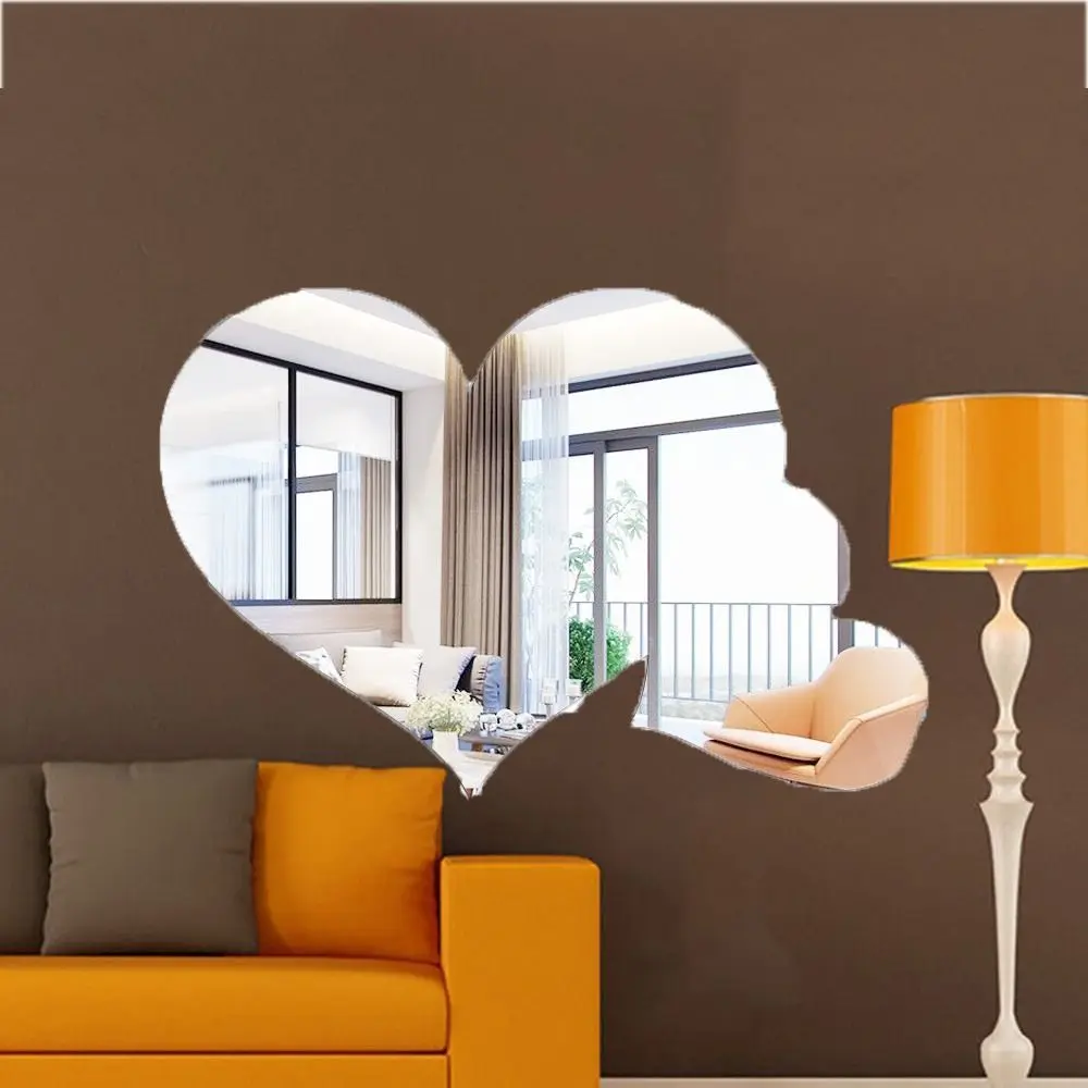 3D Heart Shaped Mirror Stickers Heart Shaped DIY Acrylic Wall Stickers Mirror Surface Design Self-adhesive Heart Art Mural