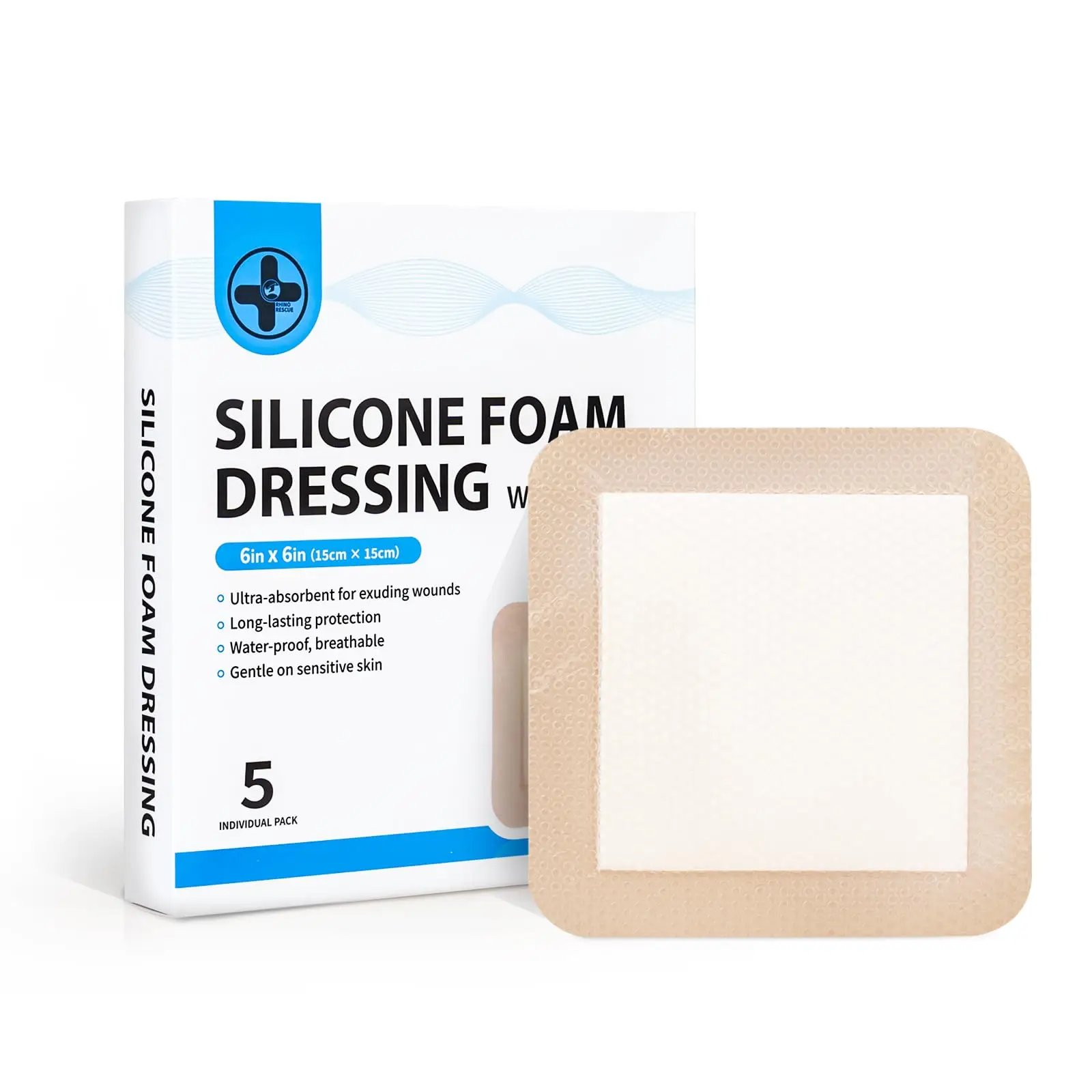 RHINO RESCUE Silicone Foam Dressing with Border, 6\'\'x6\'\' 5 Pack Waterproof Wound Care Bandage, Leg Ulcers & Foot Diabetic Ulcers