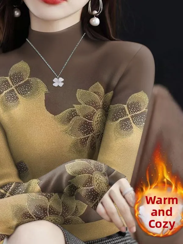 Double-Sided Woolen Long Sleeve Thermal T-Shirt Women's Autumn Winter Half-High Collar Printed Warm Base Shirt Commute Style ...