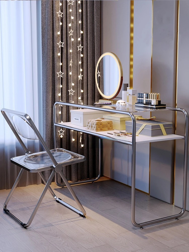 Stainless Steel Makeup Table Glass Desk Light Luxury Dressing Table Modern Desk