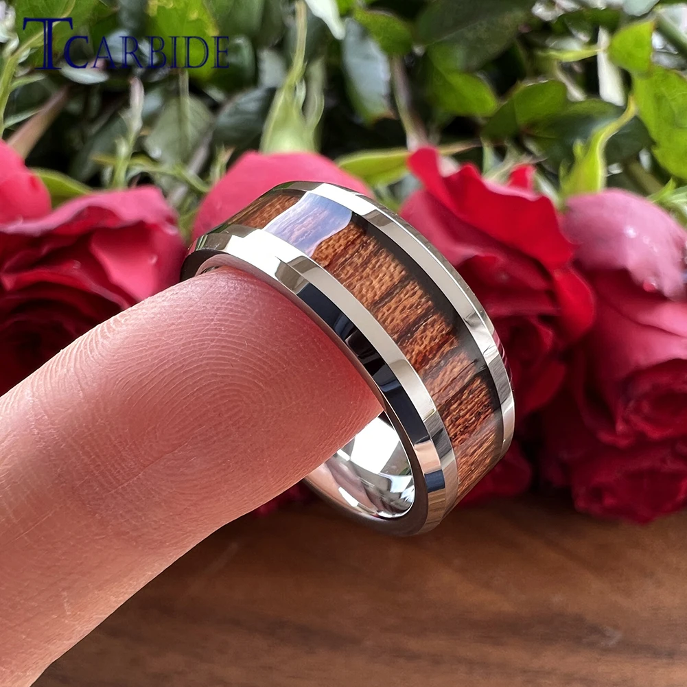 8mm Men Women Tungsten Wedding Band Rosewood Koa Wood Inlay Ring Multicolor Beveled Polished Finish Classic Gift Jewelry