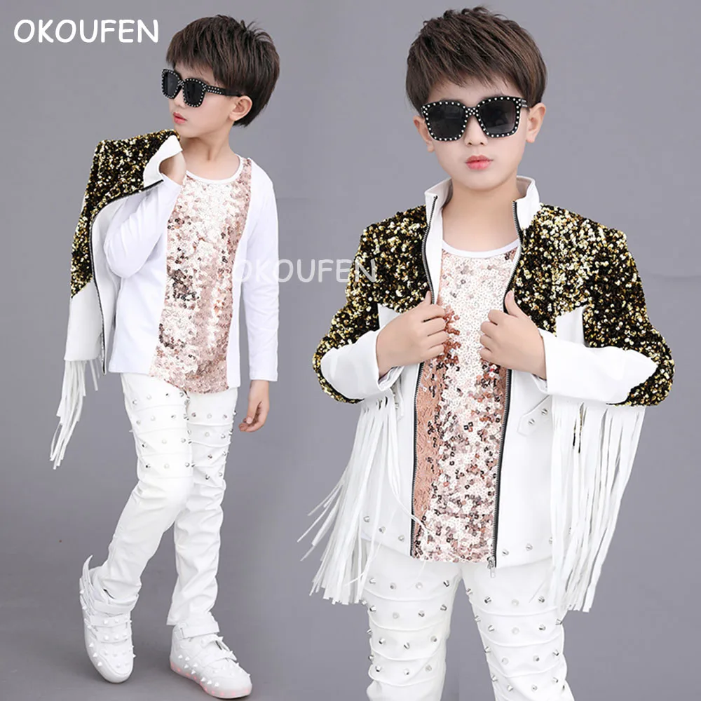 

Handsome White Sequins Children's guitar Performance Suit Drum hip-hop Jazz Dance Wear Stage Show Host Dress Set