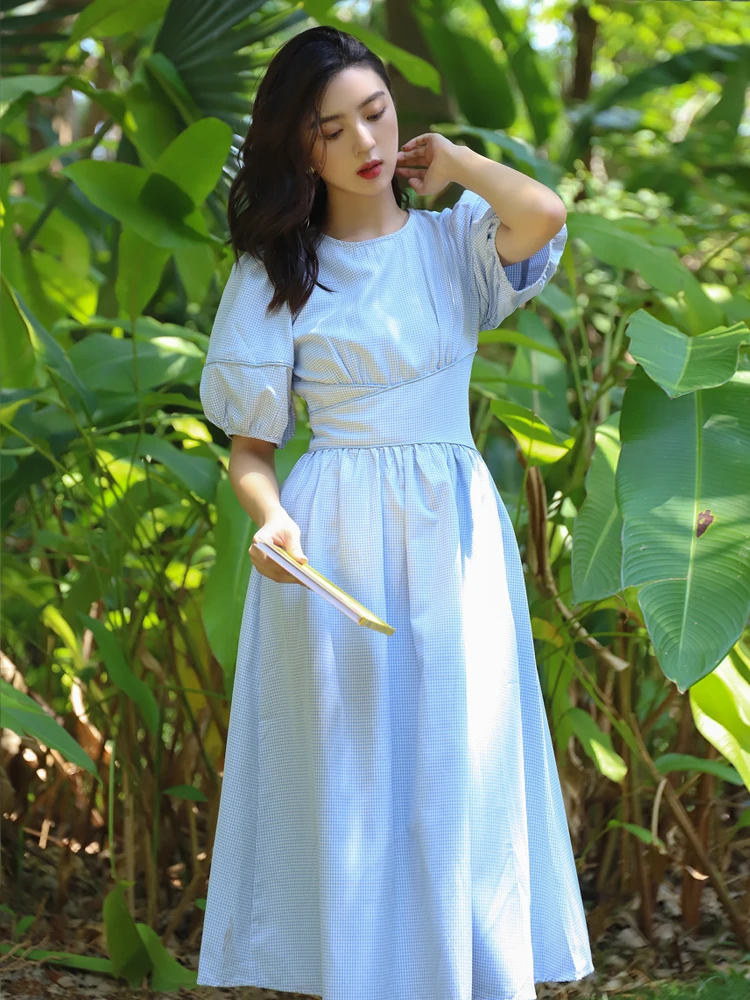

Sweet Stylish High Waist Bubble Sleeve Dress Summer New Arrival Slimming Waist Effect Retro Style Midi Dress for Women