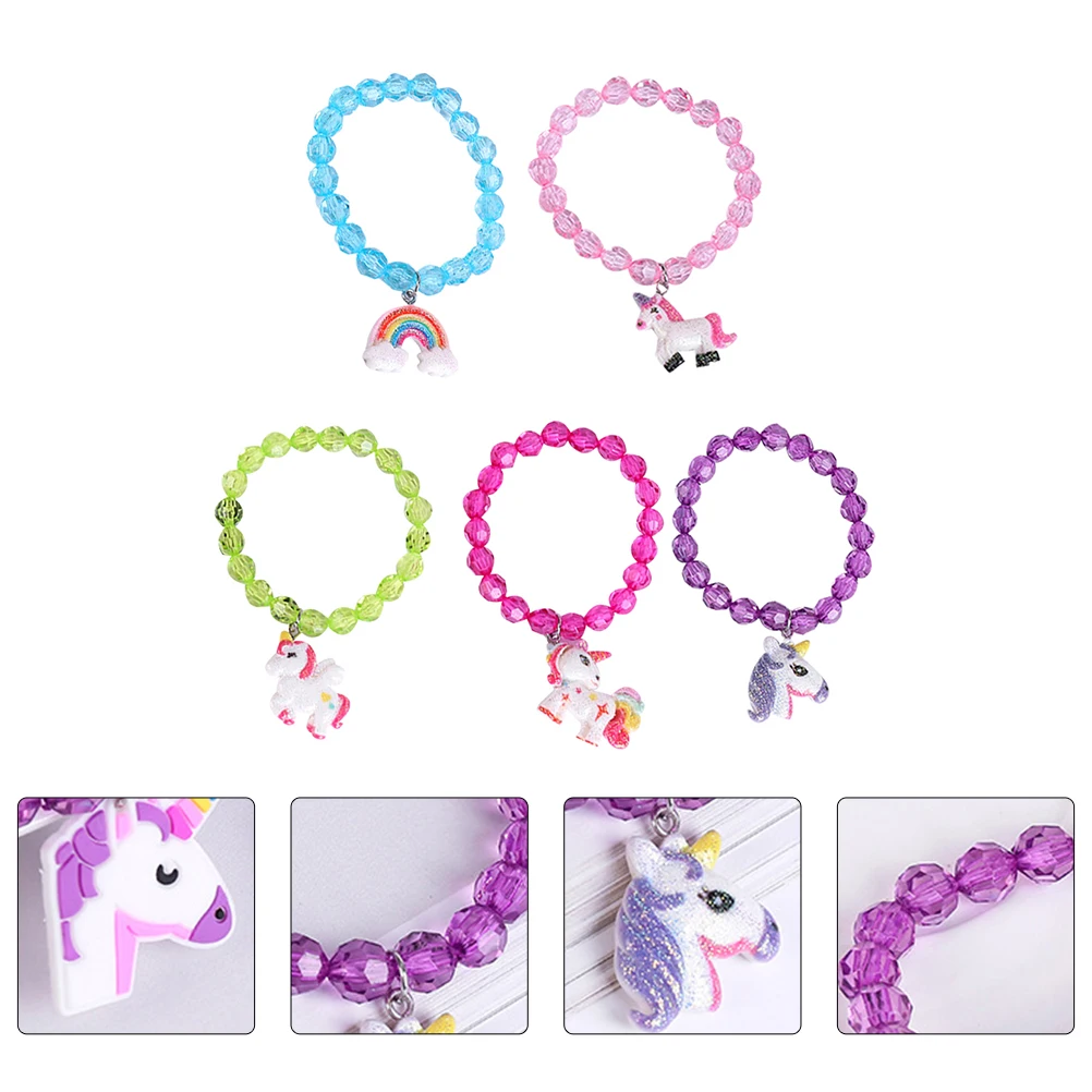 

5 Pcs Unicorn Rainbow Bracelet Kids Wrist Chain Neck Decor Gifts Animal Acrylic Beads Bright Jewelries Resin Baby Girl