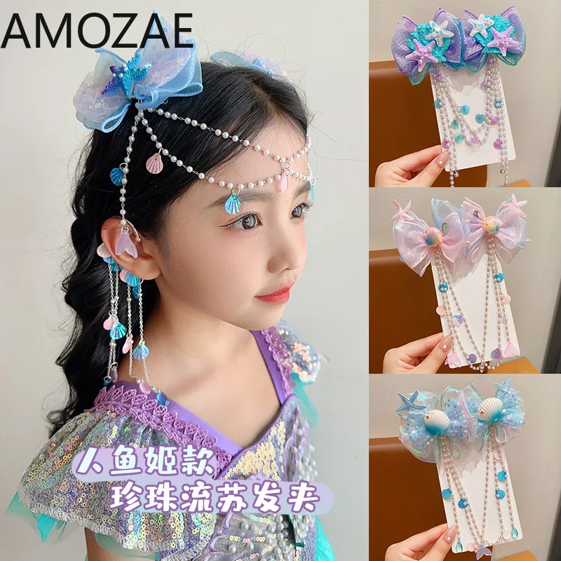 

Mermaid Headdress for Children Super Fairy Princess Bow Forehead Chain for Girls Fringe Mermaid Mahji Hair Accessories