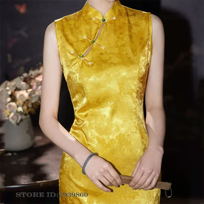 

New Chinese Style Sleeveless Jacquard Cheongsam Summer New Improved Womens Qipao Chinese Dress Hanfu Vintage Sexy Slim Vestidos