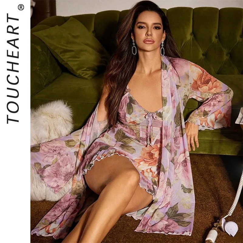 Toucheart Sleepwear Women Sexy Sheer Mesh Spaghetti Straps Slim Fit Long Robe Cover Up Loungewear Housecoat Nightwear Versatile