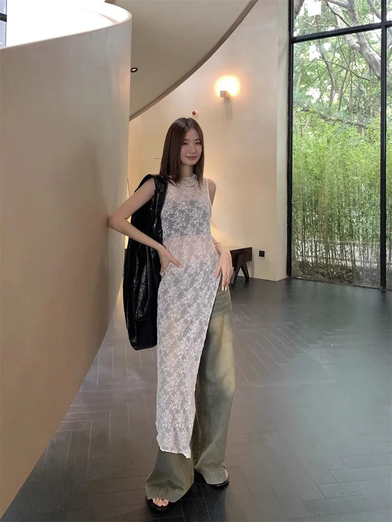 Miiiix Design Sense Niche Lace Hollow Out Dress for Women's Summer New Outerwear Cover Up Long Slit Dresses Female Clothing