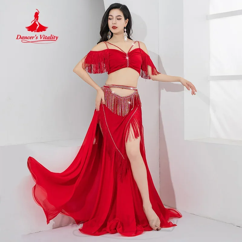 

Женский костюм для танца живота Bellydance, костюм из двух предметов: Топ без рукавов с V-образным вырезом и длинная юбка с бахромой, с AB камнями