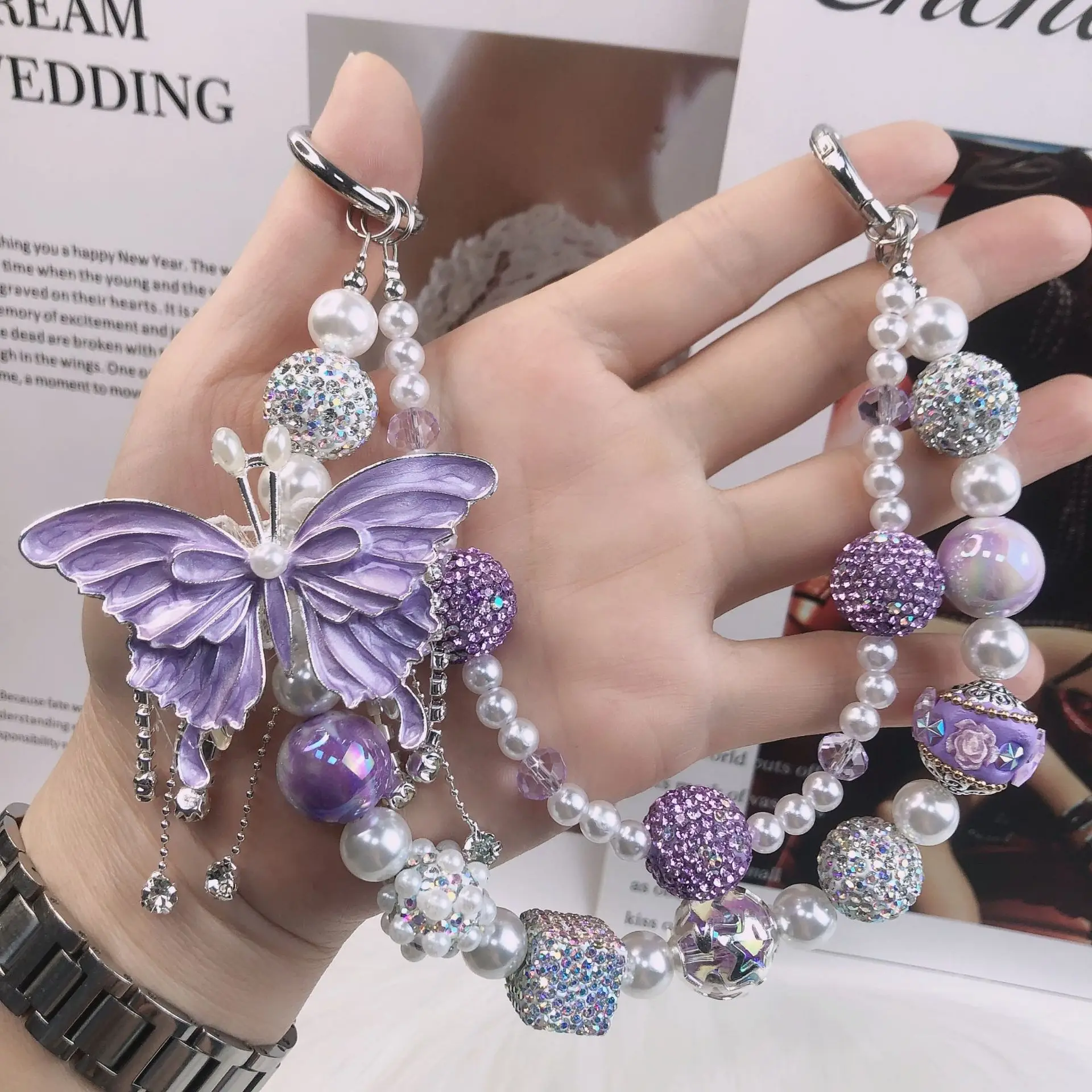 

Fashion Butterfly Pendant Double Layer Beaded Phone Charm, Inlaid Rhinestones, Chain for Bag and Key