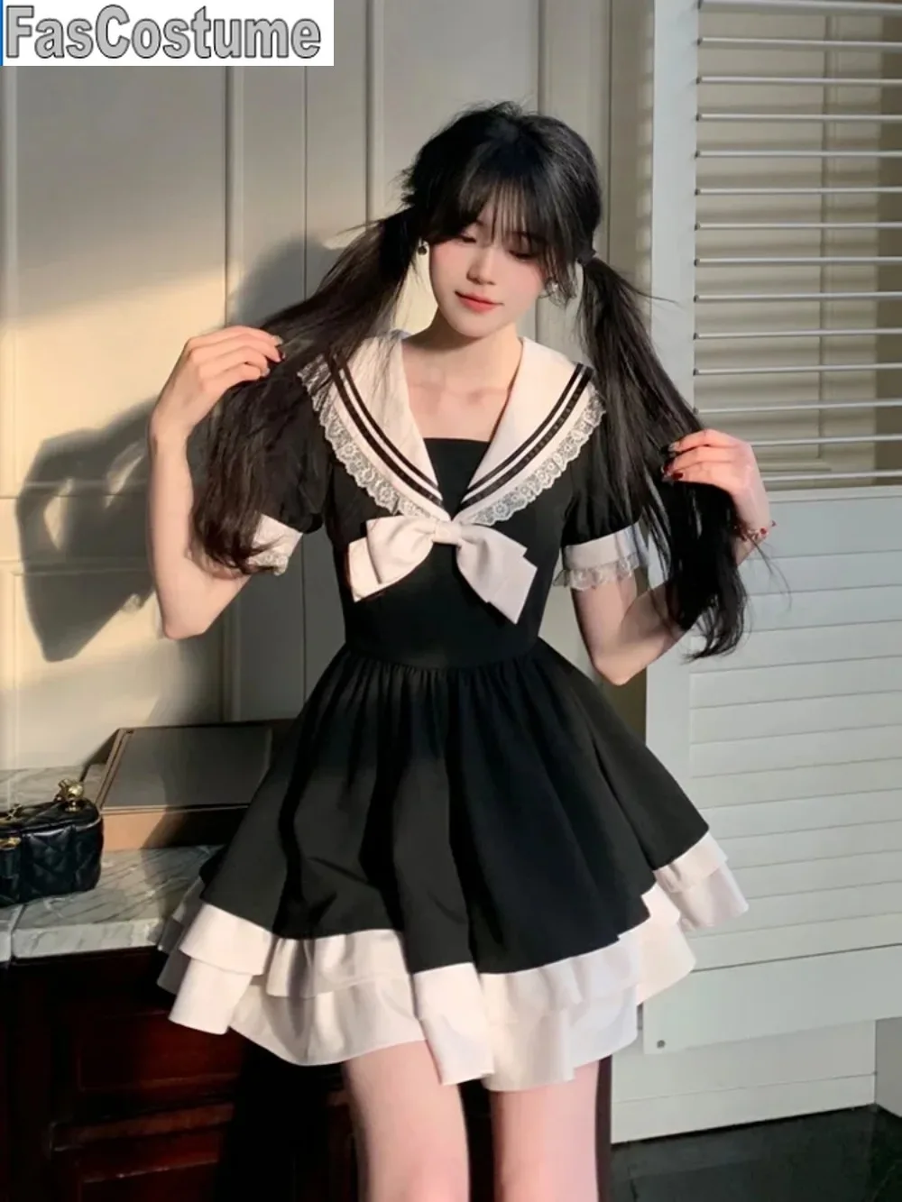 ชุดสีดําผู้หญิงโบว์ญี่ปุ่นน่ารัก Lolita ผู้หญิงหวานลูกไม้พัฟแขนนักเรียนชุดปาร์ตี้ SAILOR COLLAR Kawaii ชุด