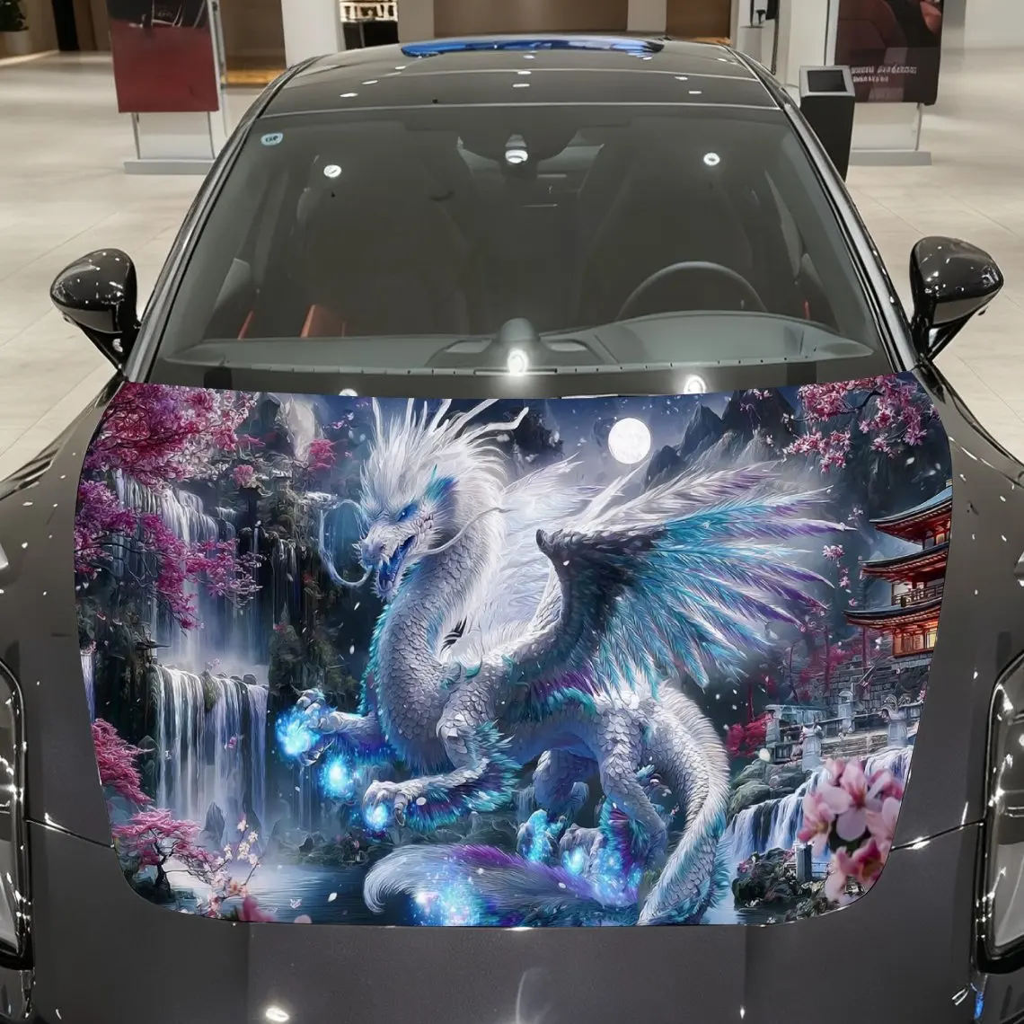 غلاف فينيل لسيارة التنين الإلهي باللون الأزرق من Cherry Blossom Ancient Building، ملصق غطاء السيارة المقاوم للماء من مادة PVC، ذاتية اللصق