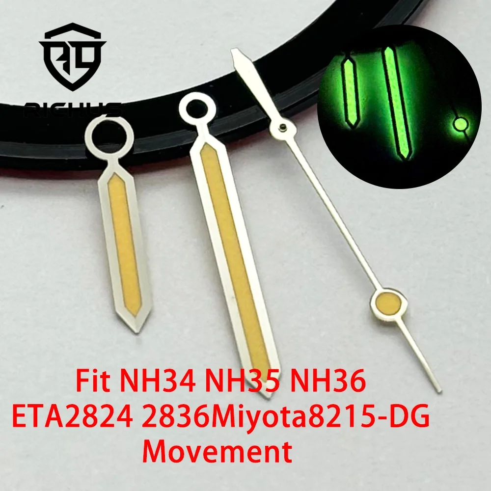 RICHUS Green Luminous Silver Yellow Watch Hands Set Compatible with NH35 NH36 ETA2824 2836 Movements for Watch Repair And Modifi